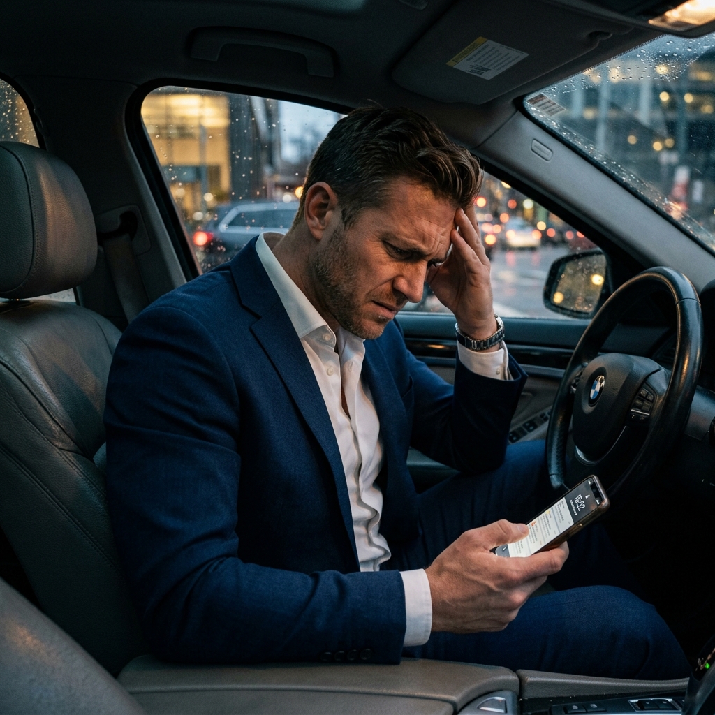 Agente inmobiliario al final del día en su auto, con la cabeza en la mano, entre tarjetas de clientes