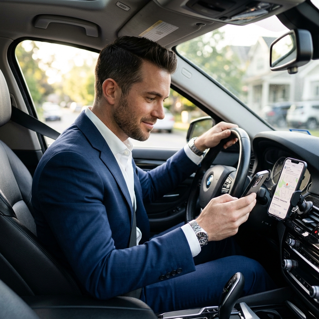 El agente al volante revisa la ruta del día en su teléfono antes de arrancar