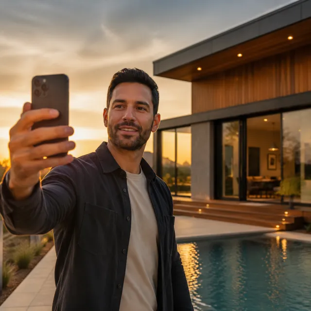 El agente graba un reel de una casa al atardecer con su teléfono